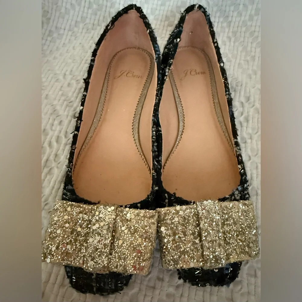 J Crew Women's Poppy Ballet Flats Tweed Glitter Bow Ocean Black Shoes SZ 7